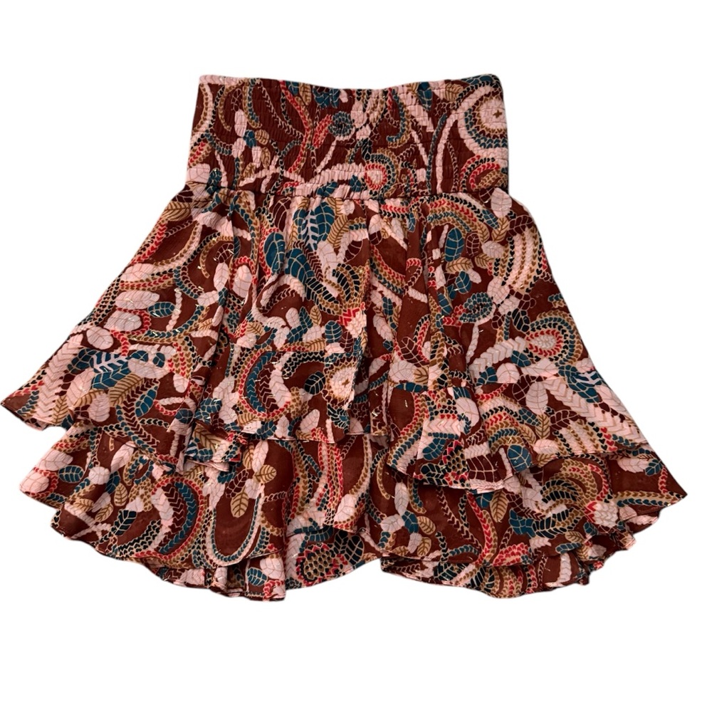 A.L.C. Vera Ruffles Silk Chiffon Floral Paisley Print Mini Skirt Maroon Size 2 - Picture 3 of 12